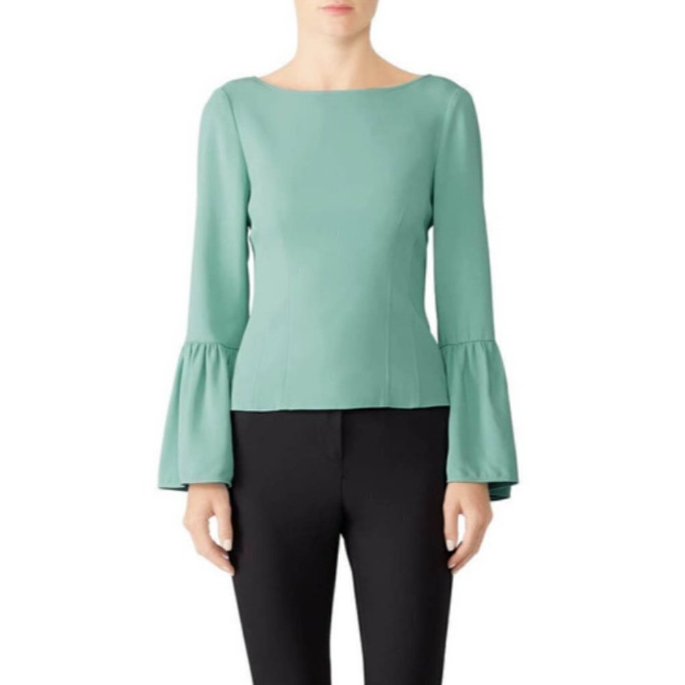 Tibi Egg Blue Crepe Corset Top Boat Neck Bell Sleeve Blouse Size 6